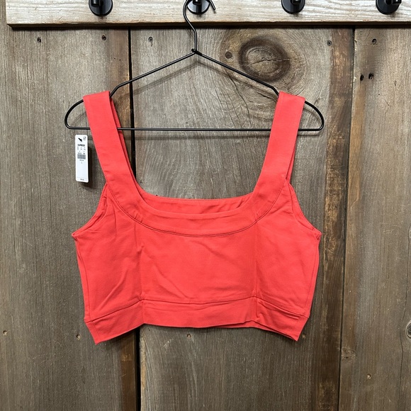 Express Body Contour Stretch Cotton Square Neck Cropped Tank Hot Coral Large - Picture 3 of 16